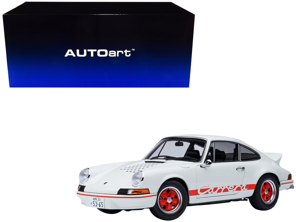 Porsche 911 Carrera 2.7 RS "The Circuit Wolf" White with Red Stripes and Wheels with Hood Graphics 1/18 Model Car by Autoart-4