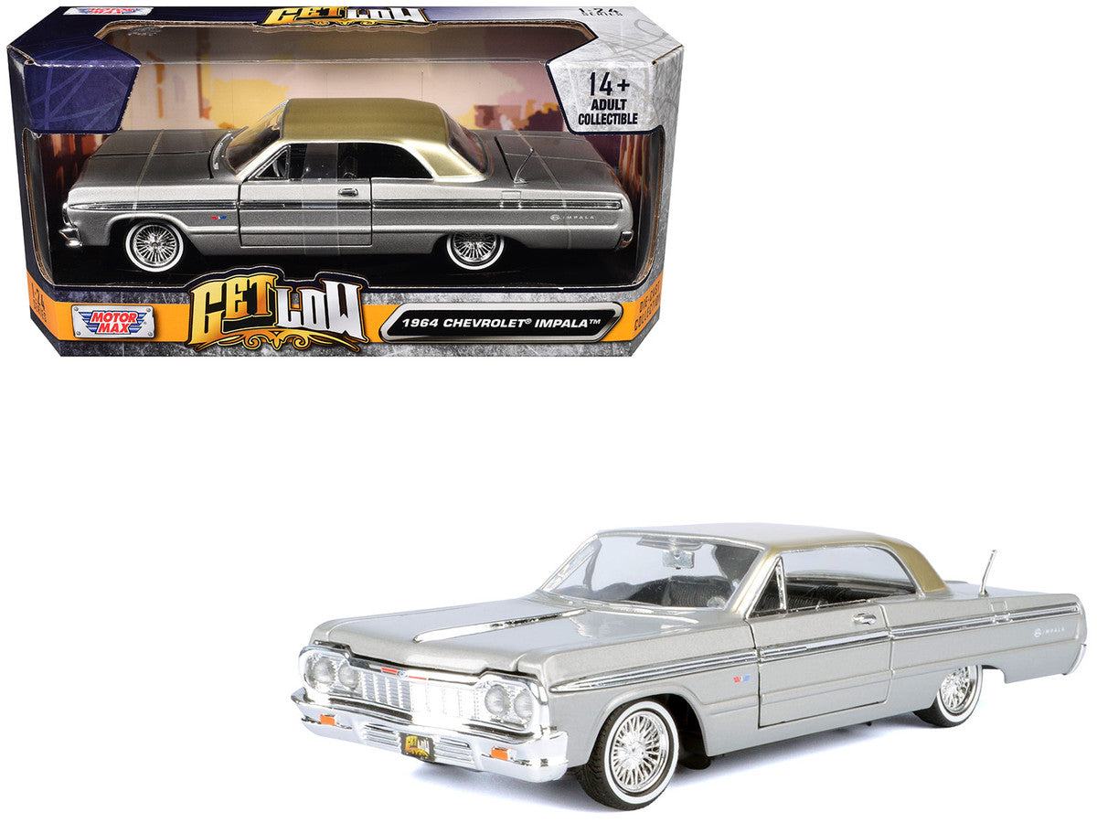 1964 Chevrolet Impala Lowrider Hard Top Silver Metallic with Gold Metallic Top "Get Low" Series 1/24 Diecast Model Car by Motormax-0