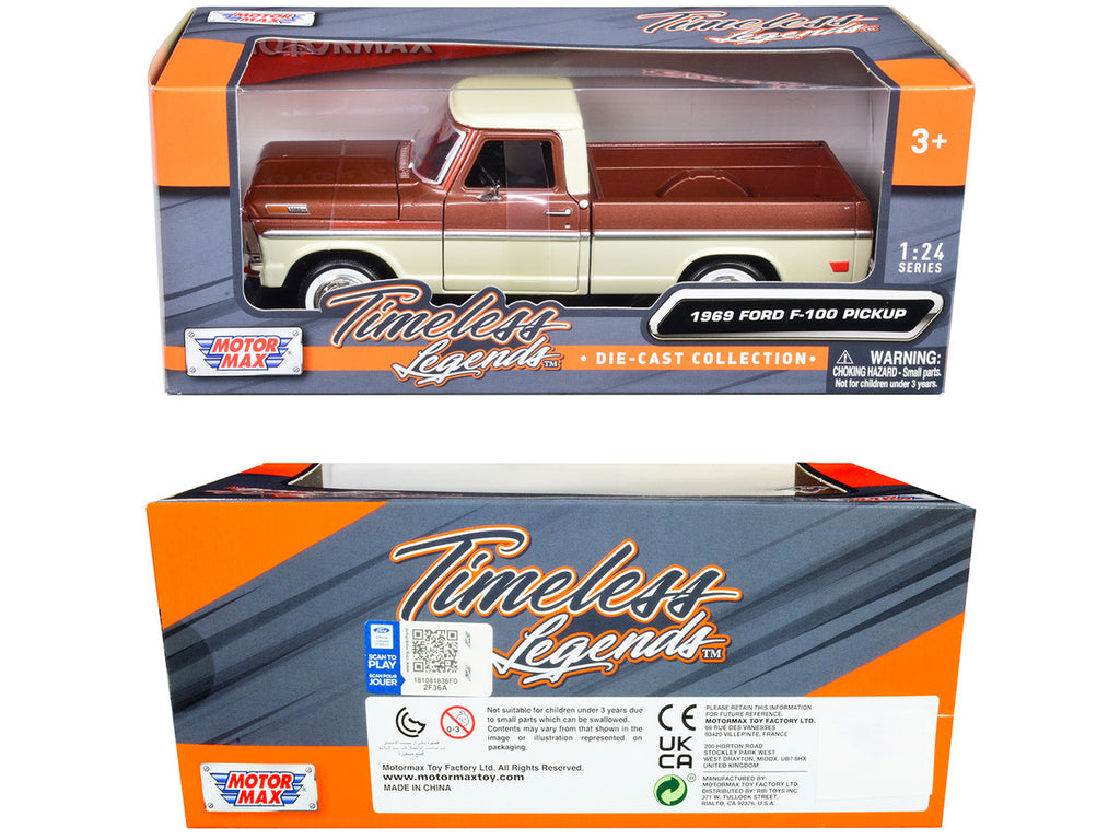 1969 Ford F-100 Pickup Truck Brown Metallic and Cream "Timeless Legends" 1/24 Diecast Model Car by Motormax-2